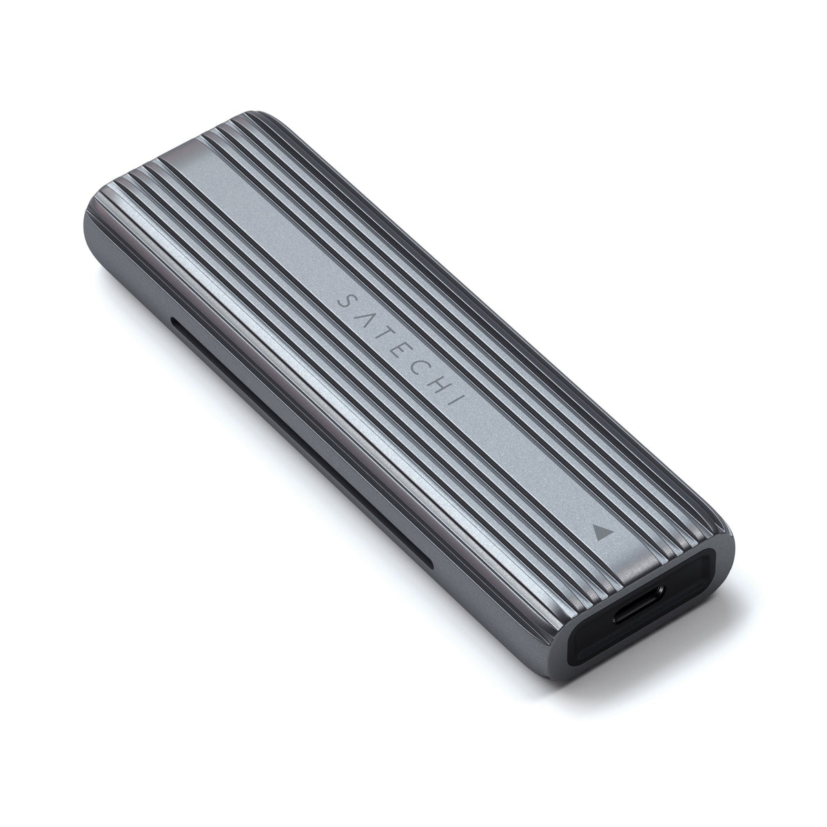 Satechi USB-C NVMe and SATA SSD Enclosure in Space Gray, front view of USB-C port