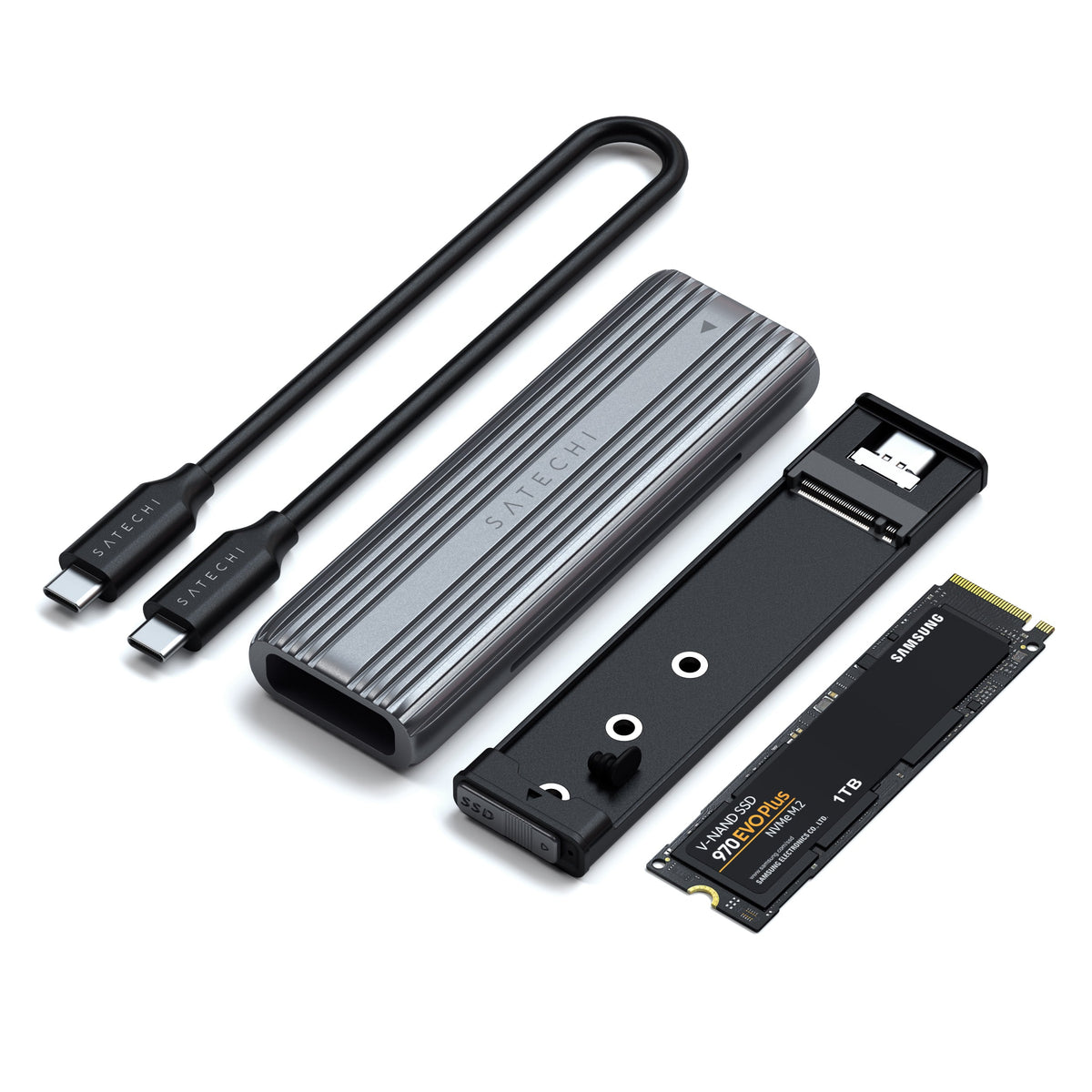 USB-C NVMe and SATA SSD Enclosure with tray, M.2 SSD and USB-C cable