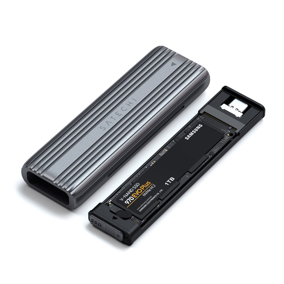 USB-C NVMe and SATA SSD Enclosure with its tray pulled out and an M.2 SSD installed