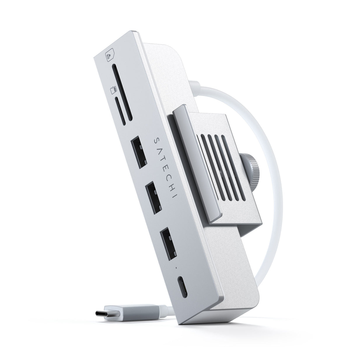 Satechi USB-C Clamp Hub for 24-inch iMac in Silver, side view showing ports and clamp