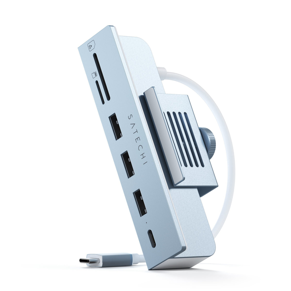 Satechi USB-C Clamp Hub for 24-inch iMac in Blue, side view showing ports and clamp