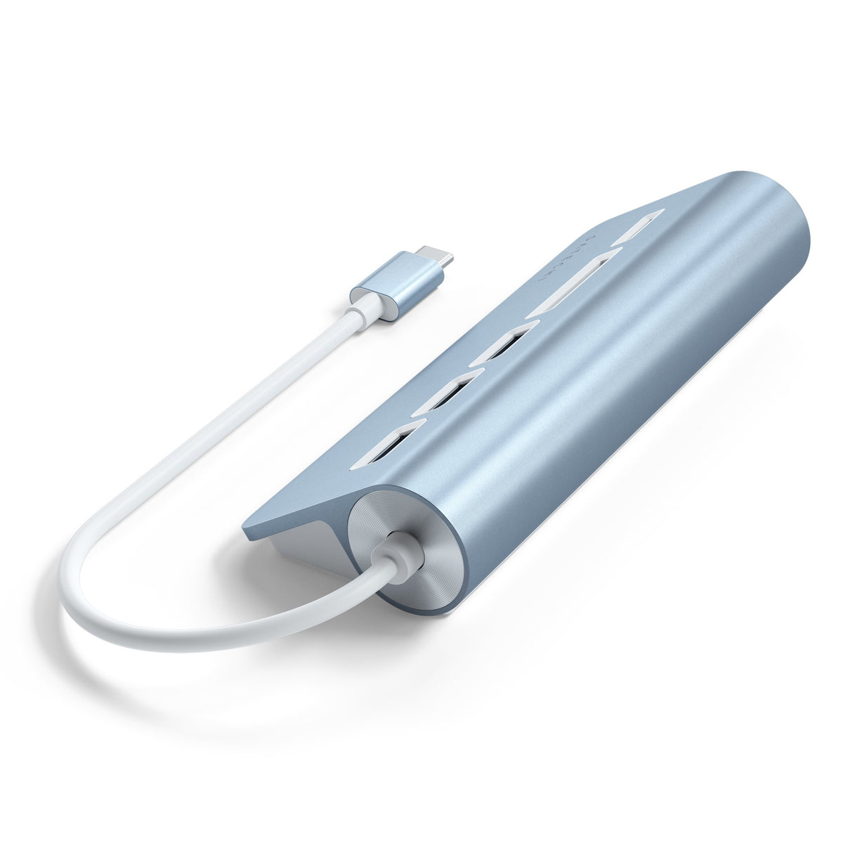USB-C Combo Hub for Desktop in Blue, side view with its USB-C cable