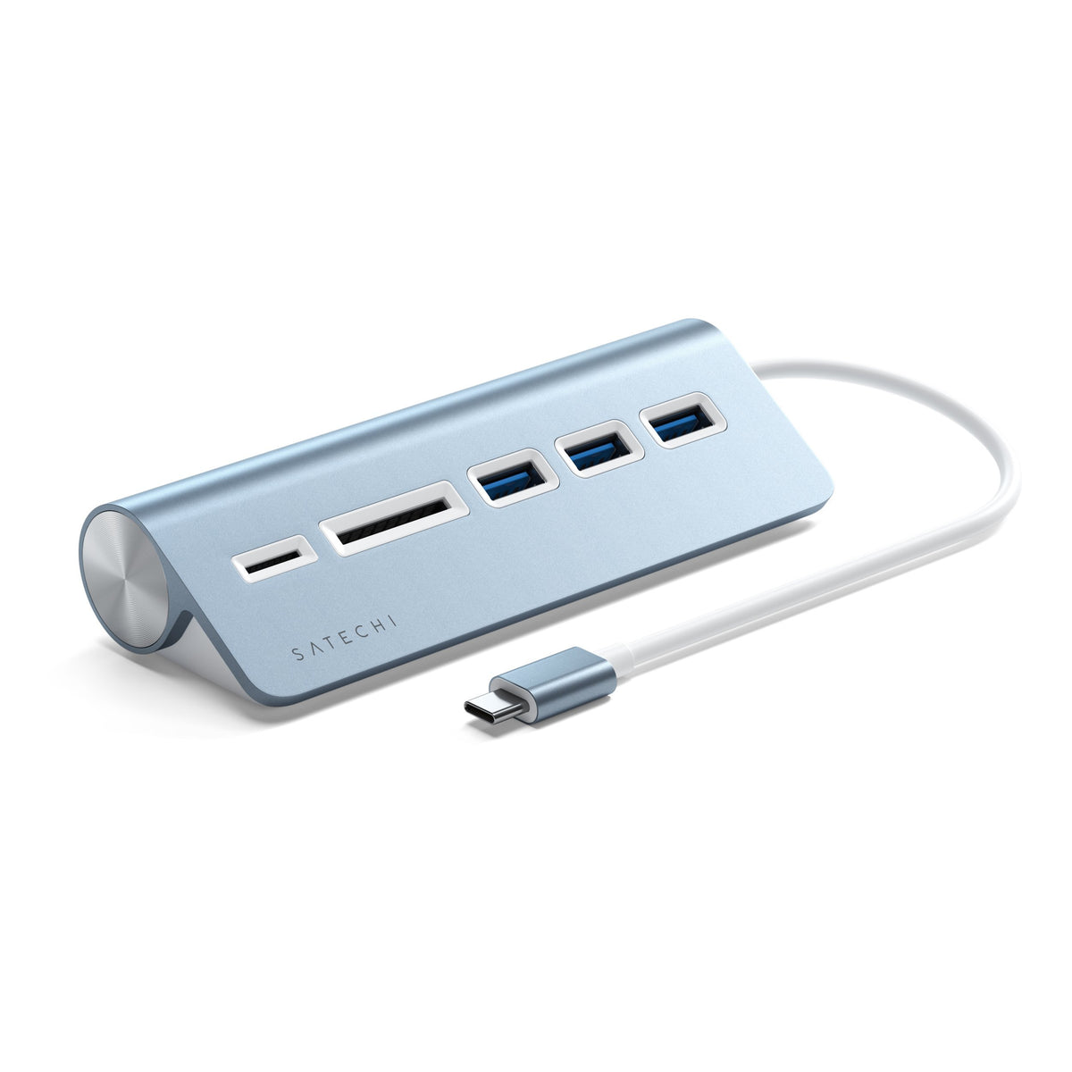 Satechi USB-C Combo Hub for Desktop in Blue, angled view of ports and card slots