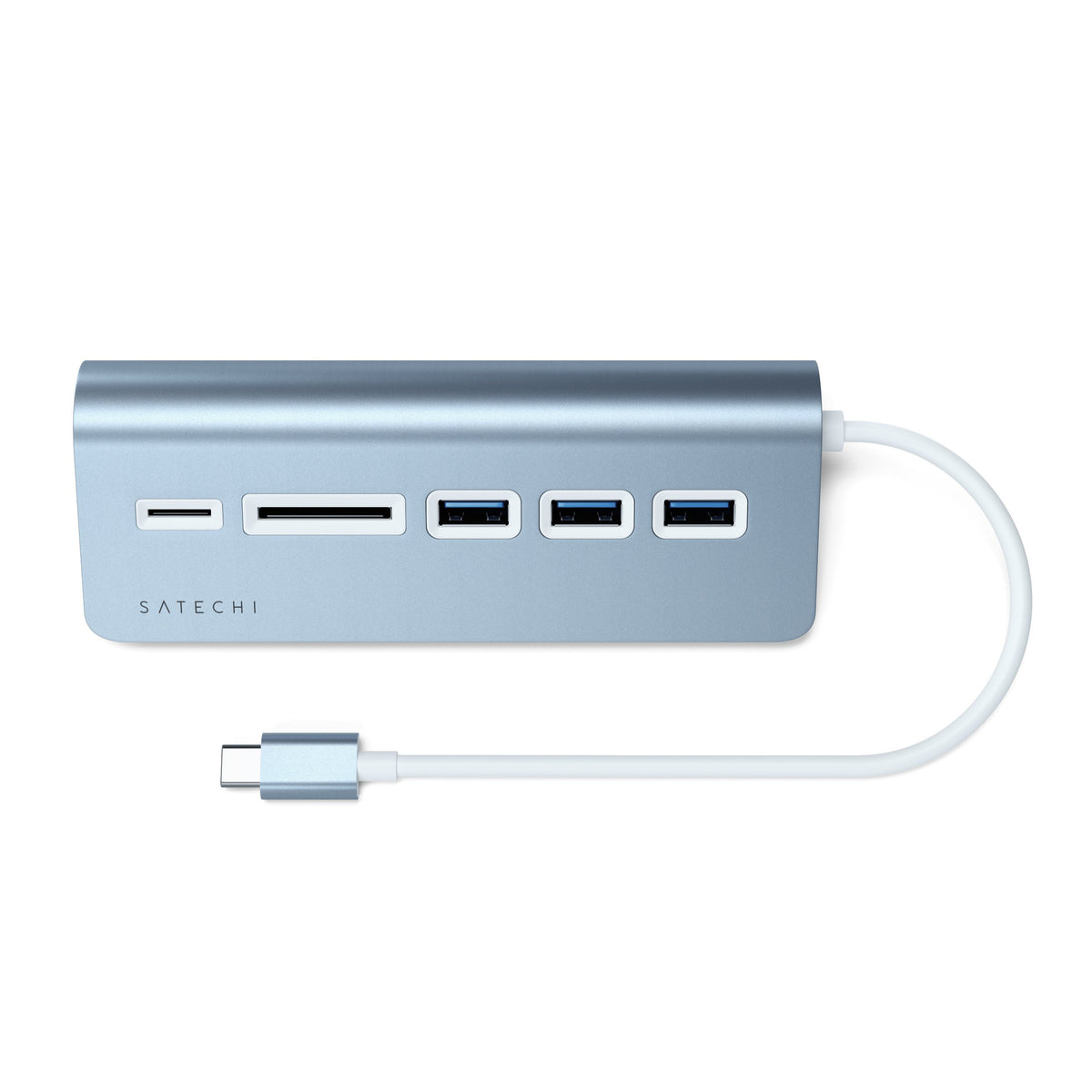 USB-C Combo Hub for Desktop in Blue, front view with its USB-C cable