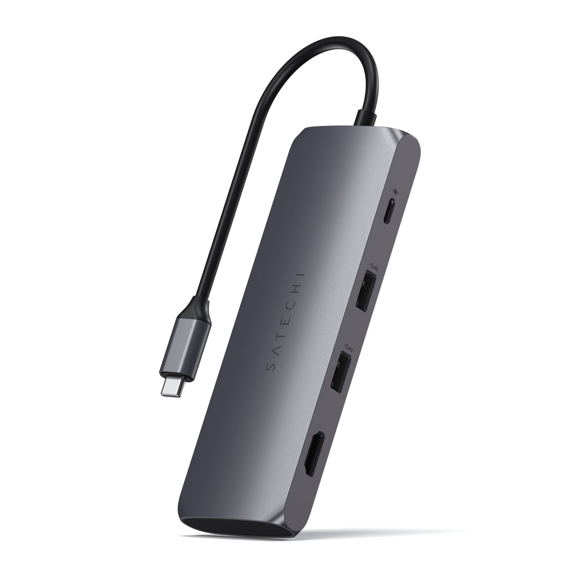 USB-C Hybrid Multiport Adapter in Space Gray, side view of ports