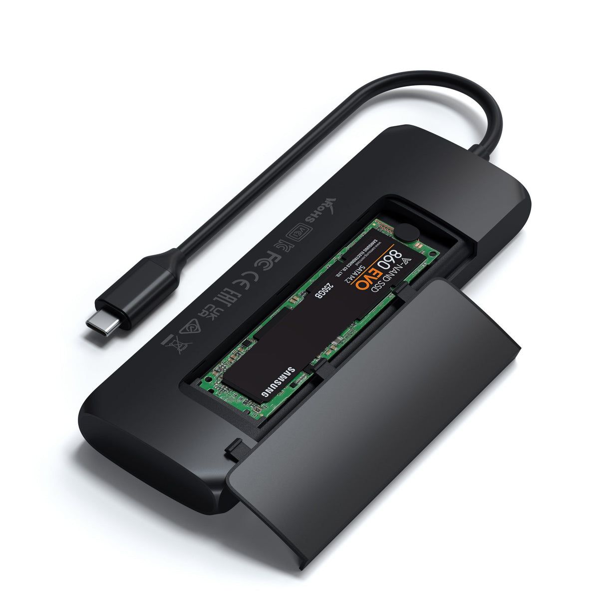 USB-C Hybrid Multiport Adapter in Black with its SSD compartment open and an M.2 SSD installed