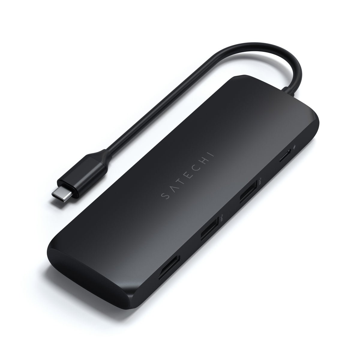Satechi USB-C Hybrid Multiport Adapter in Black, angled view of ports