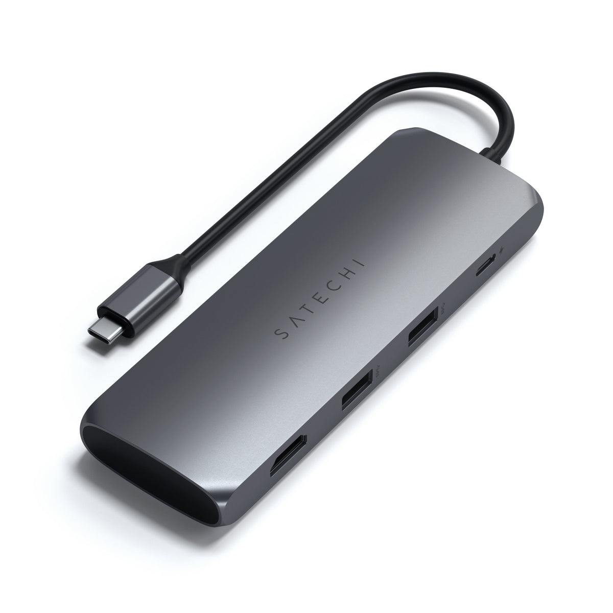Satechi USB-C Hybrid Multiport Adapter in Space Gray, angled view of ports
