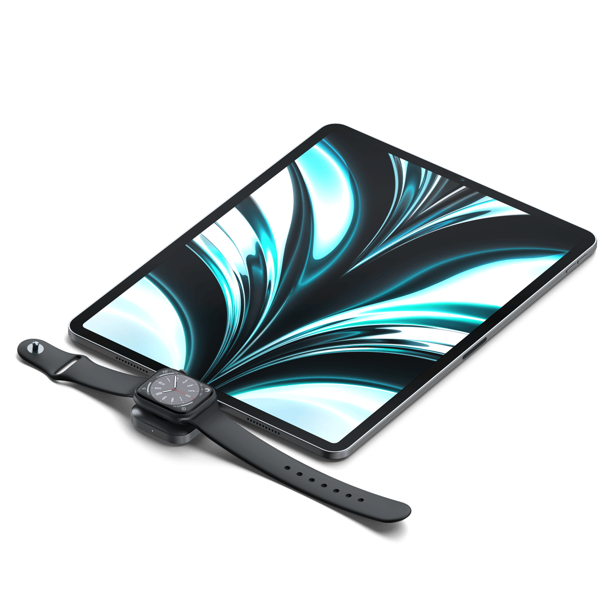 USB-C Magnetic Charging Dock for Apple Watch plugged into an iPad, charging an Apple Watch
