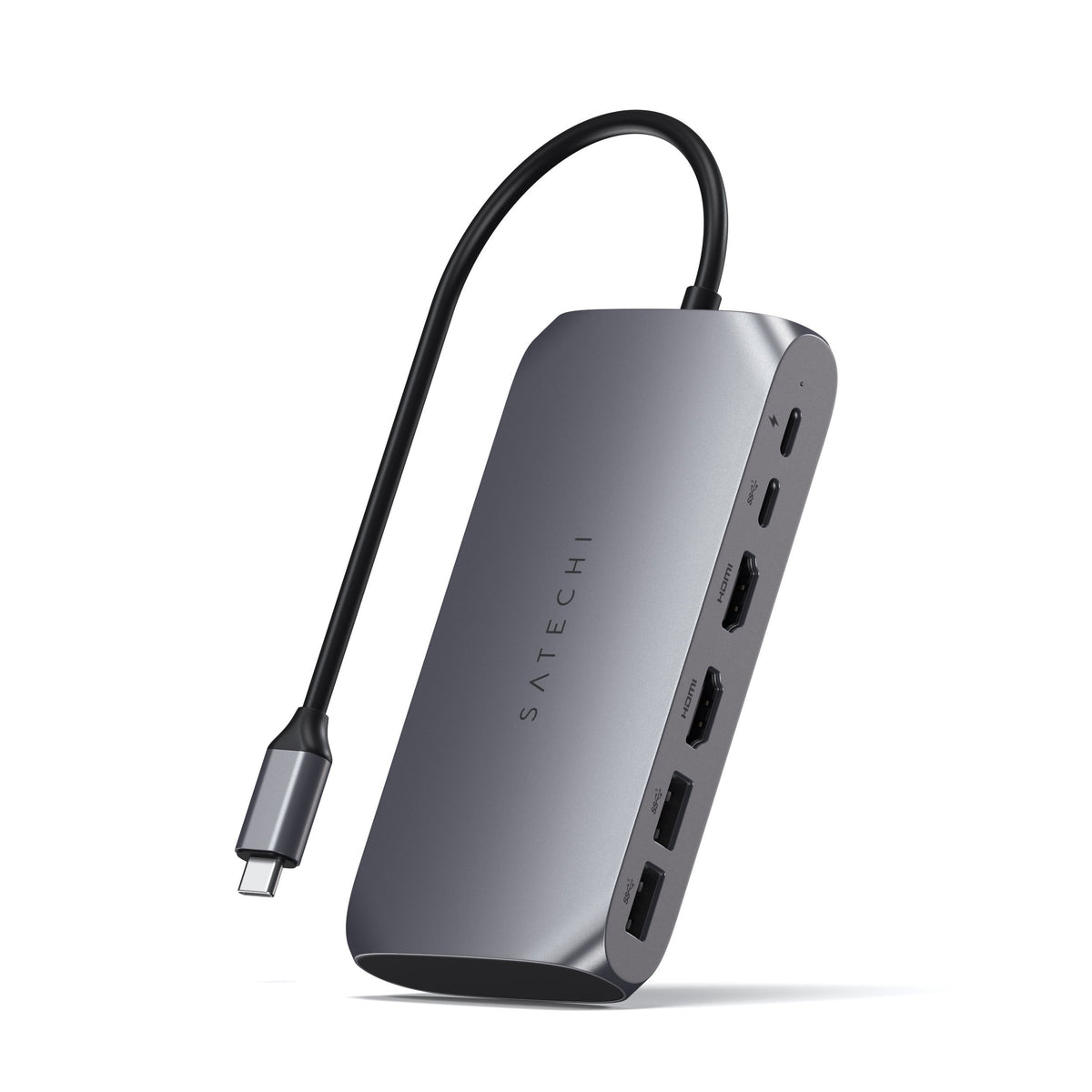 Satechi USB-C Multimedia Adapter M1 in Space Gray, top view of ports