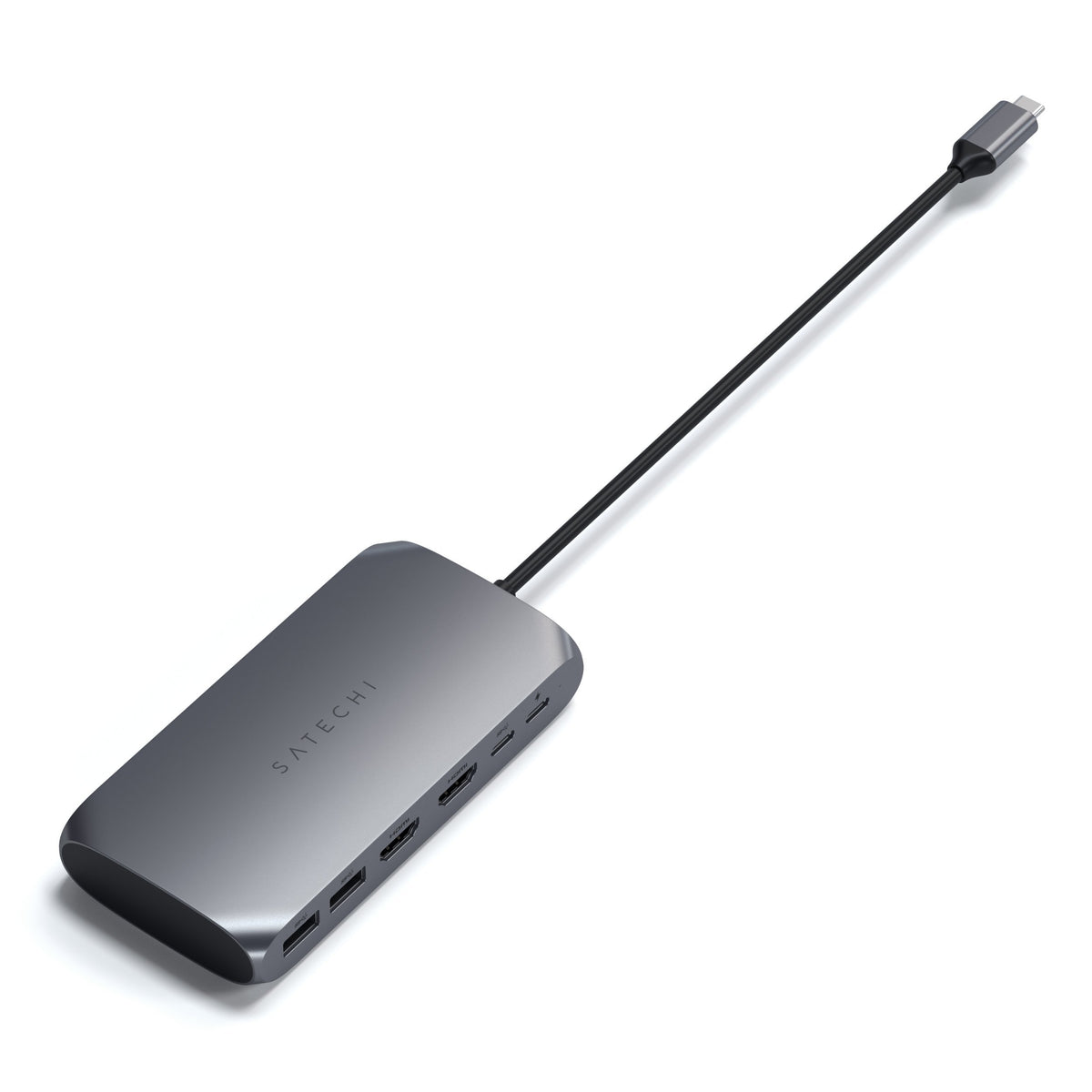 USB-C Multimedia Adapter M1, angled view with its USB-C cable extended
