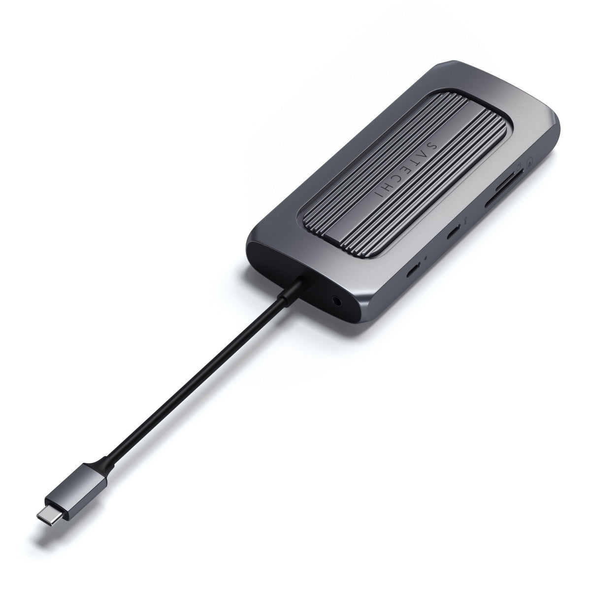 USB-C Multiport MX Adapter, angled view with its USB-C cable