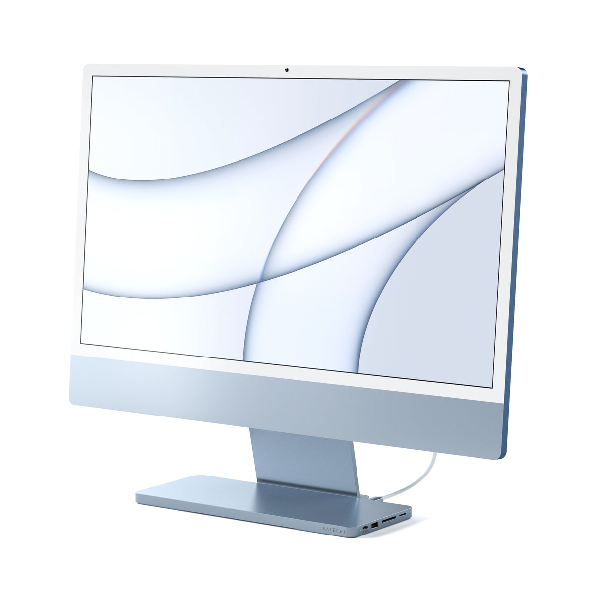 USB-C Slim Dock for 24" iMac in Blue under the stand of a blue 24-inch iMac