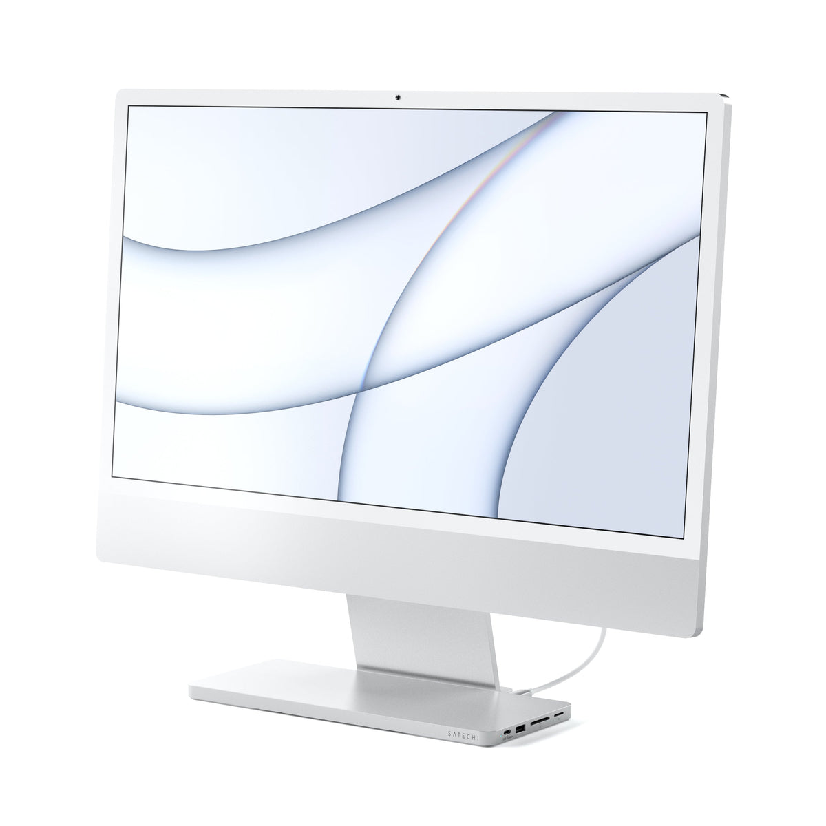 USB-C Slim Dock for 24" iMac in Silver under the stand of a silver 24-inch iMac
