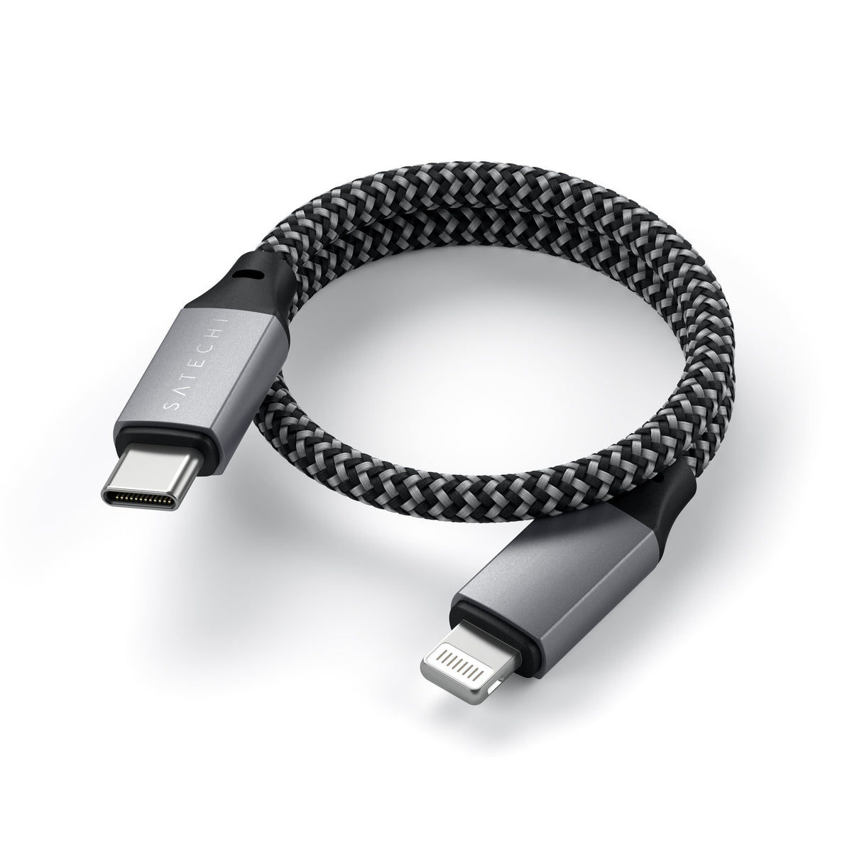 USB-C to Lightning Cable - 10 Inches, coiled, close up of connectors