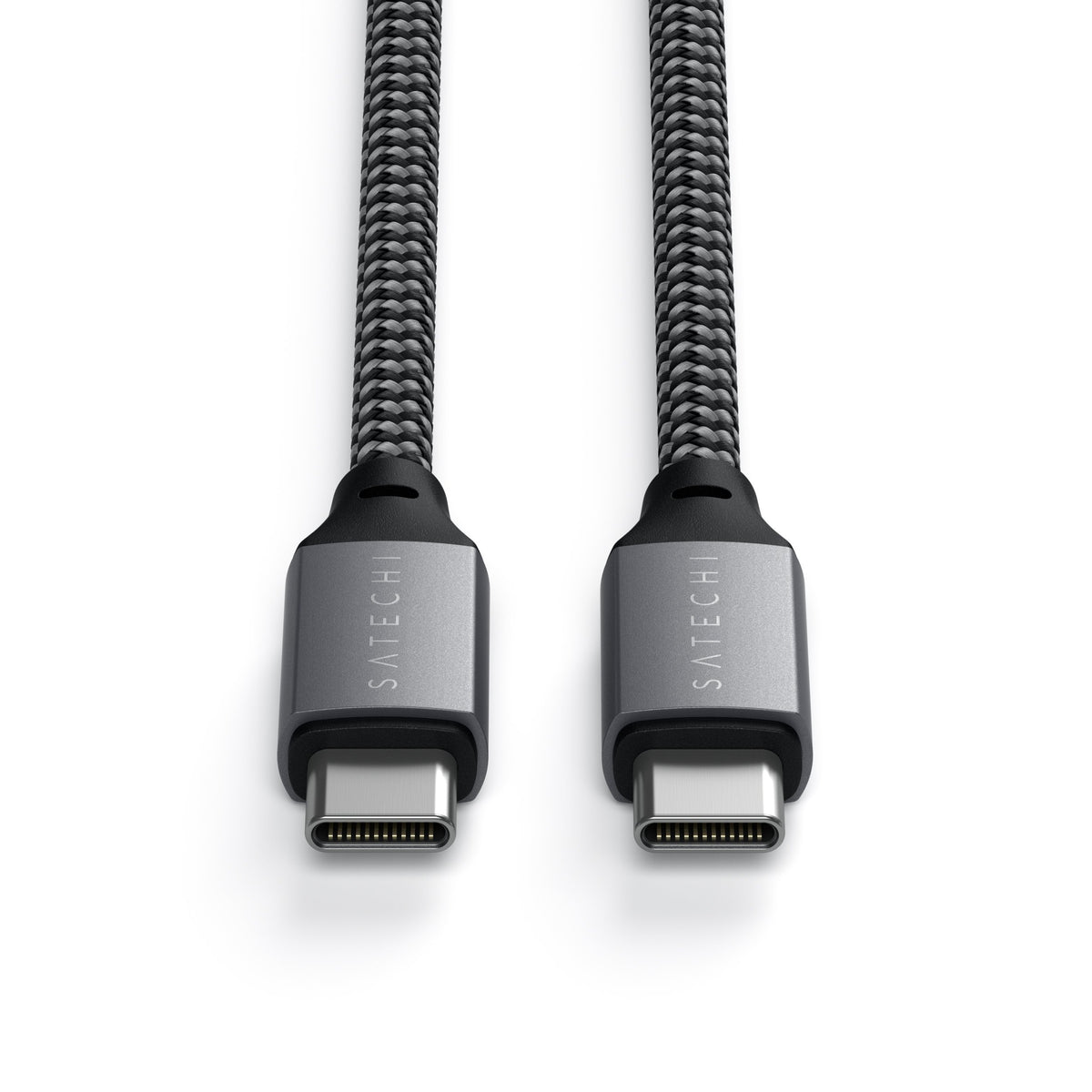 USB-C to USB-C 100W Charging Cable in Space Gray, close up of the USB-C connector tips
