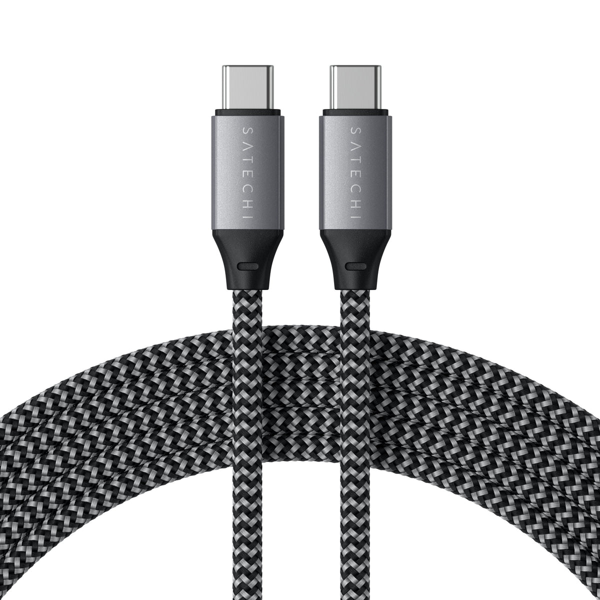Satechi USB-C to USB-C 100W Charging Cable in Space Gray, both connectors over the coiled braided cable