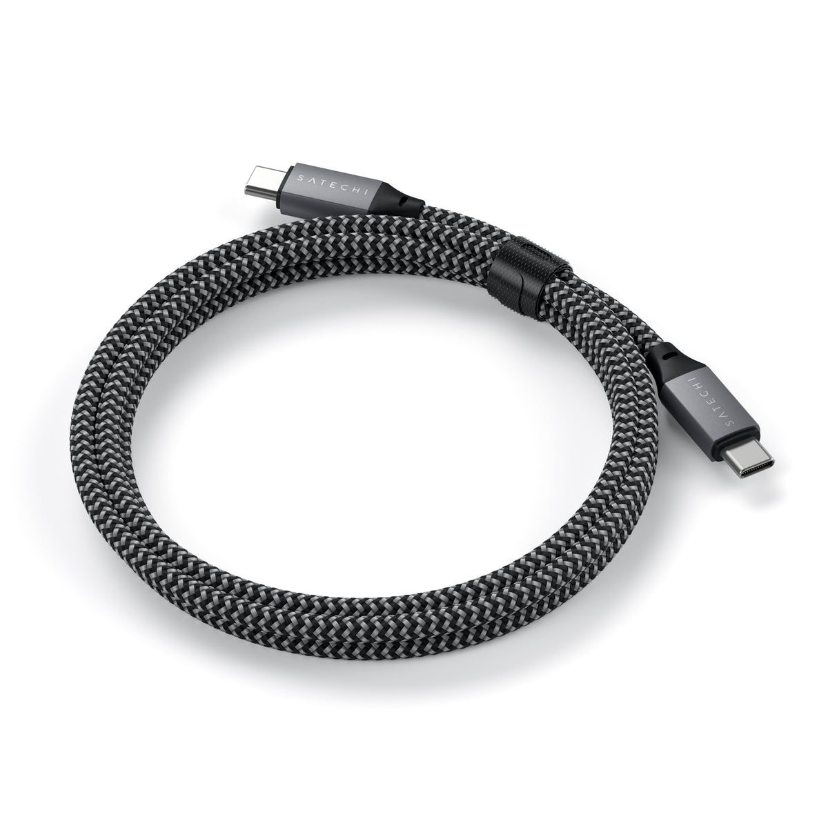 USB-C to USB-C 100W Charging Cable in Space Gray, coiled with a cable strap