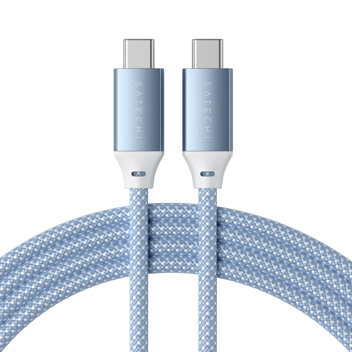 Satechi USB-C to USB-C 100W Charging Cable in Blue, both connectors over the coiled braided cable
