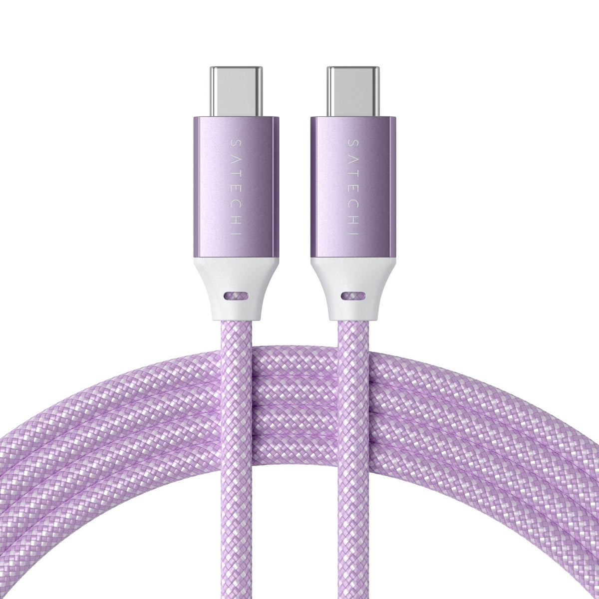 Satechi USB-C to USB-C 100W Charging Cable in Purple, both connectors over the coiled braided cable