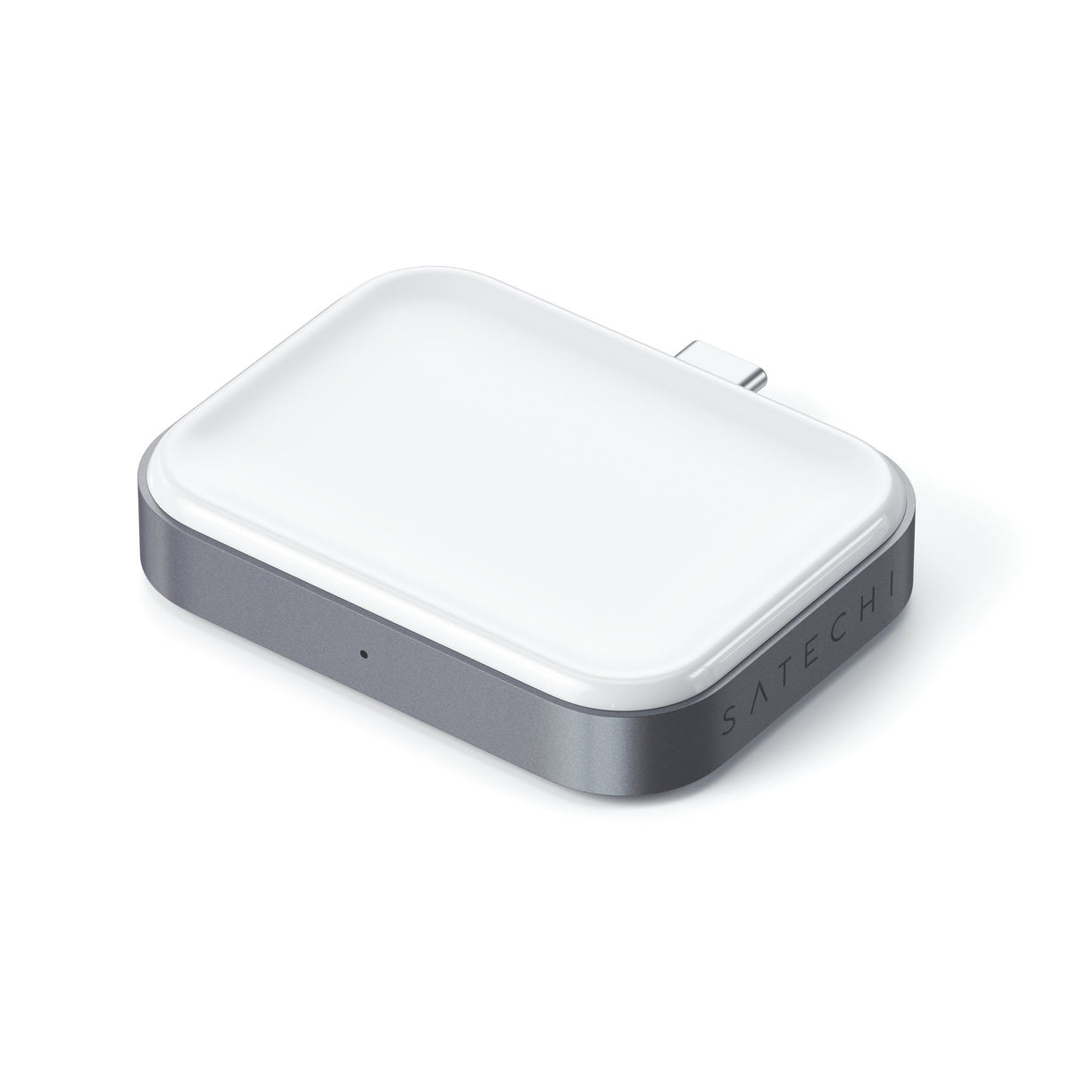 Satechi USB-C Wireless Charging Dock for AirPods, angled view showing USB-C connector