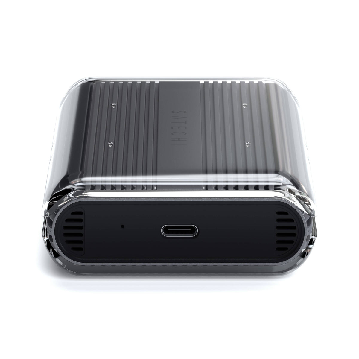 USB4 NVMe SSD Pro Enclosure in a clear protective cover, front view of the USB-C port