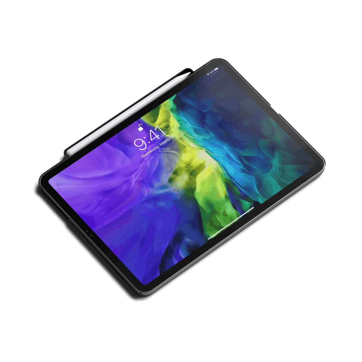 Vegan-Leather Magnetic Case for iPad Pro 11-inch in Black on an iPad Pro with Apple Pencil attached