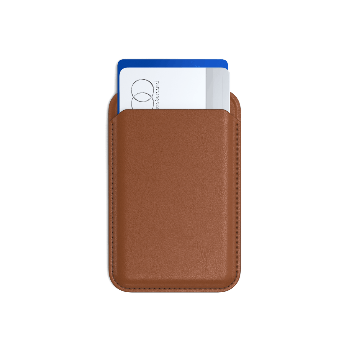 Vegan-Leather Magnetic Wallet Stand in Brown, front view with cards inside