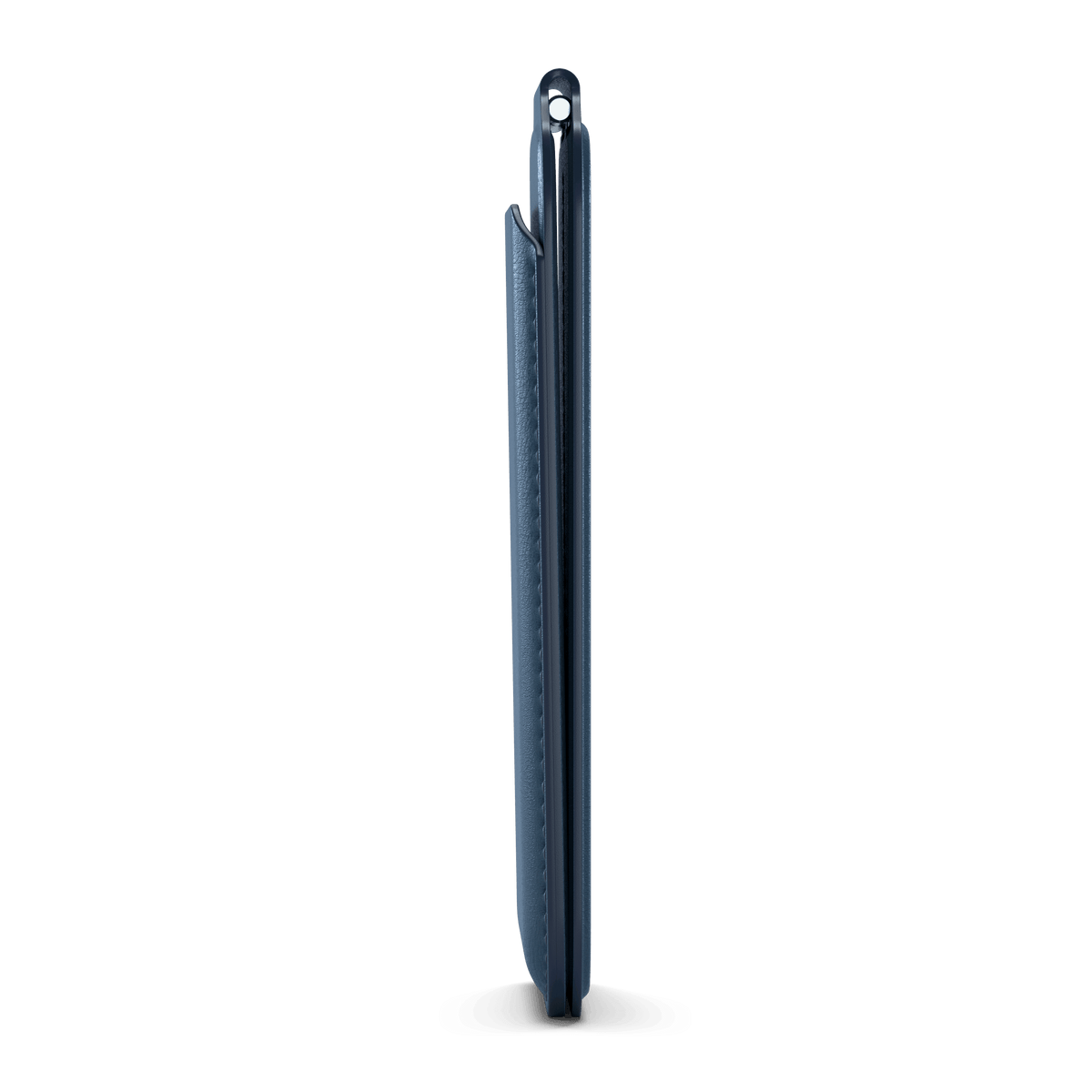 Vegan-Leather Magnetic Wallet Stand in Dark Blue, side profile