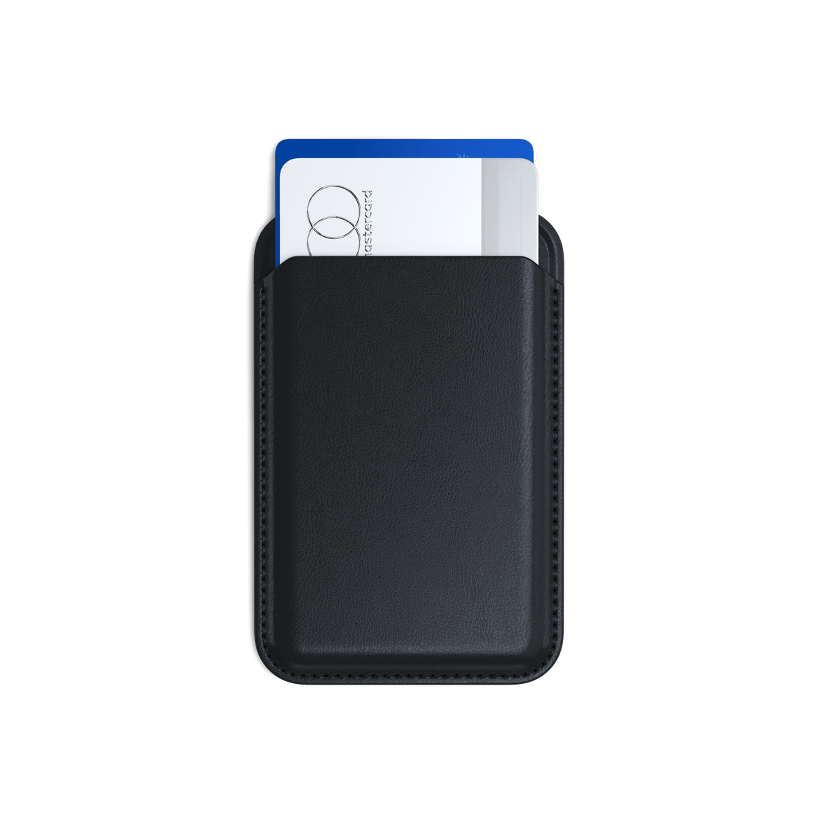 Vegan-Leather Magnetic Wallet Stand in Black, front view with cards inside