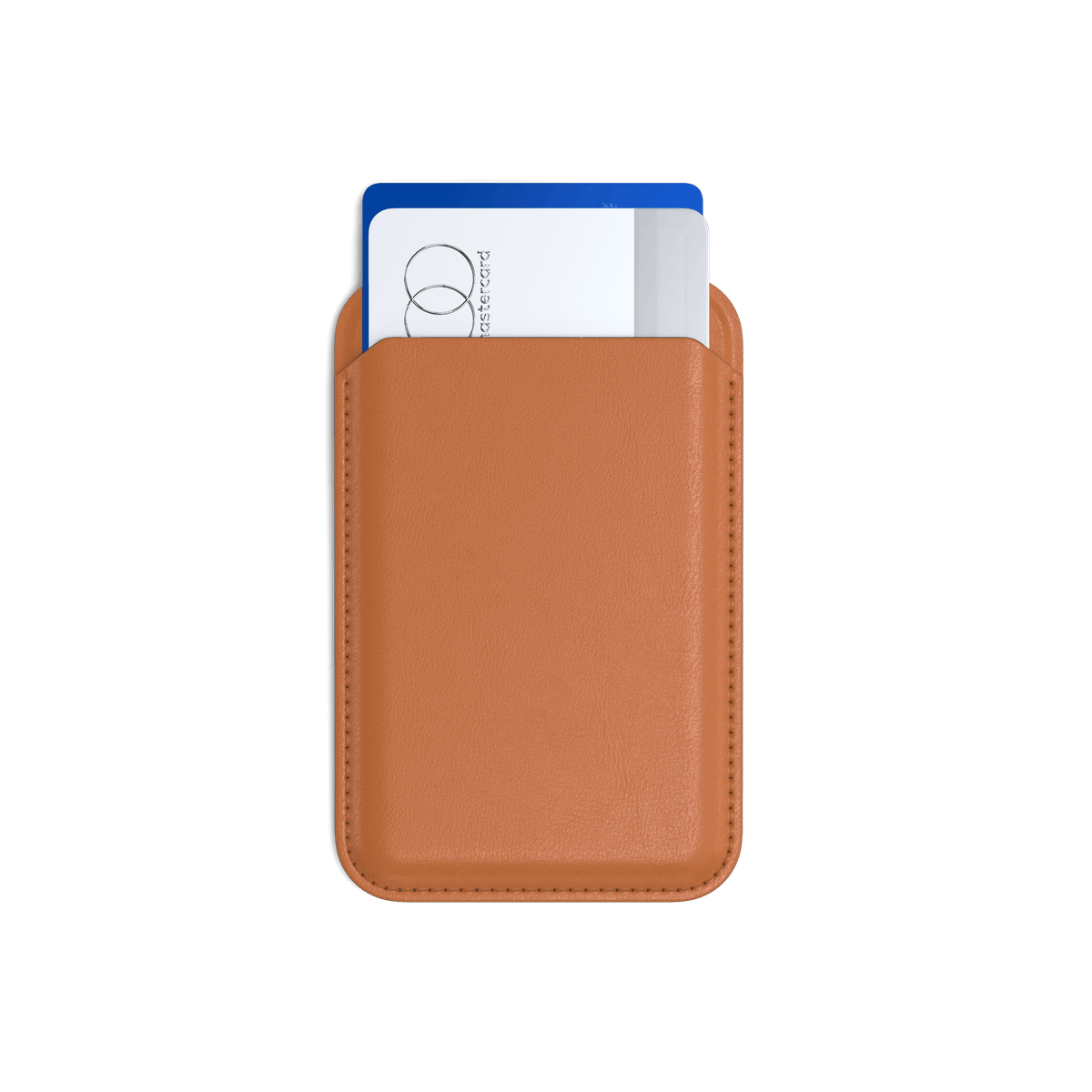 Vegan-Leather Magnetic Wallet Stand in Orange, front view with cards inside