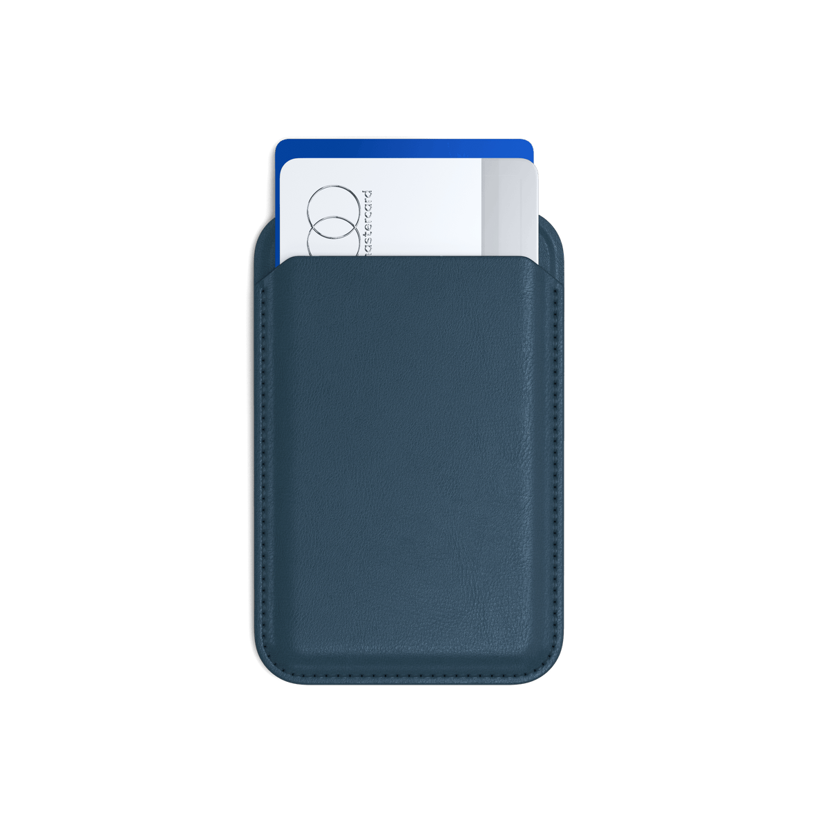 Vegan-Leather Magnetic Wallet Stand in Dark Blue, front view with cards inside