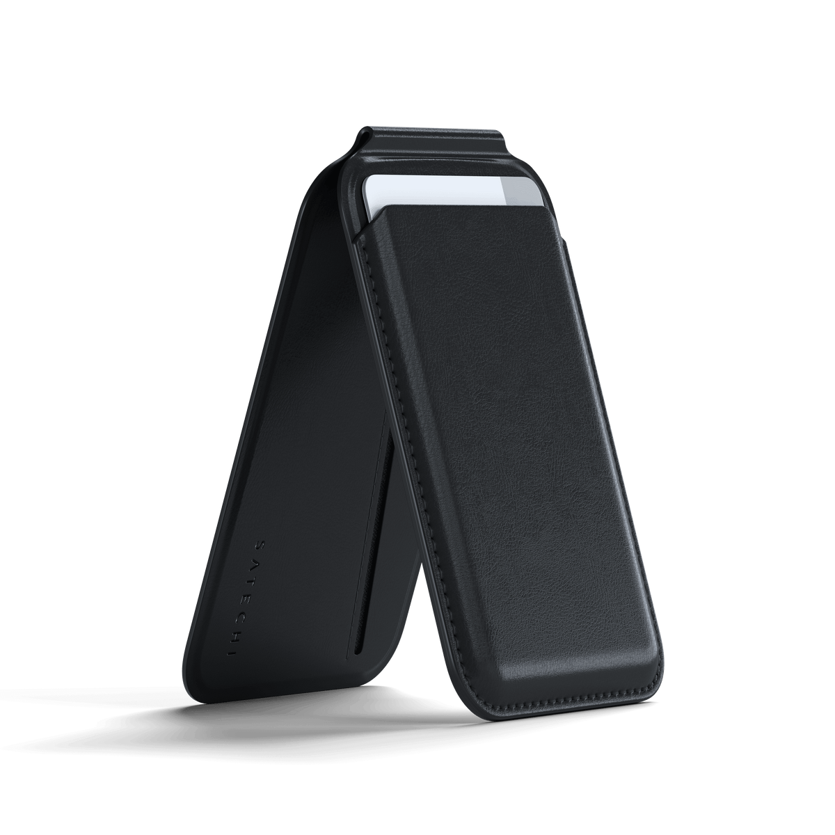 Satechi Vegan-Leather Magnetic Wallet Stand in Black, kickstand open