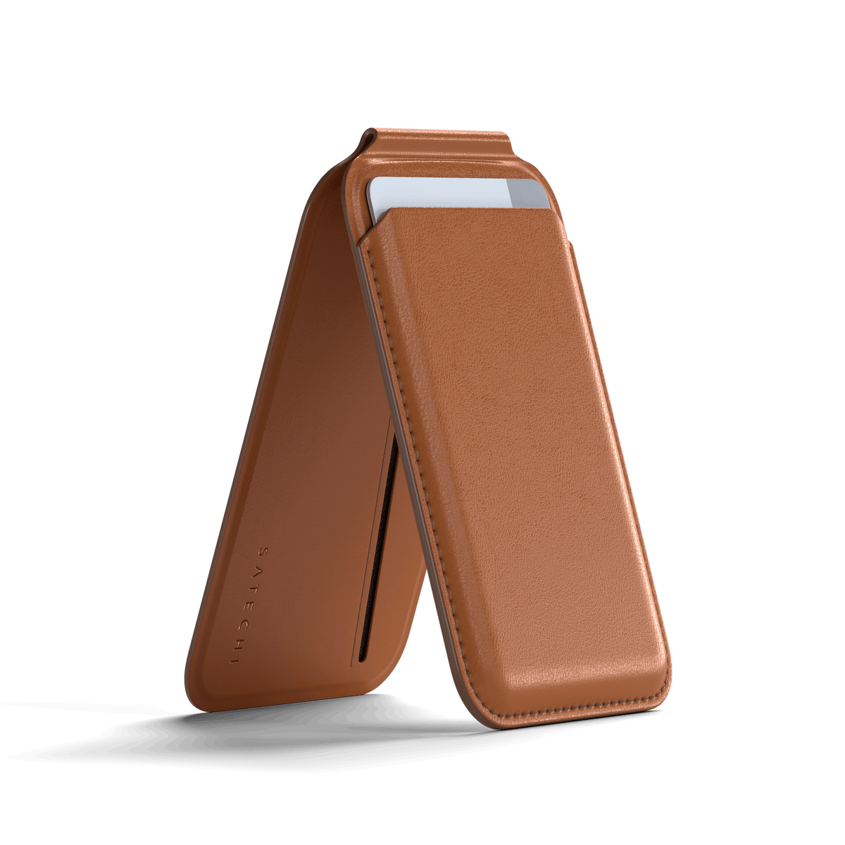 Satechi Vegan-Leather Magnetic Wallet Stand in Brown, kickstand open