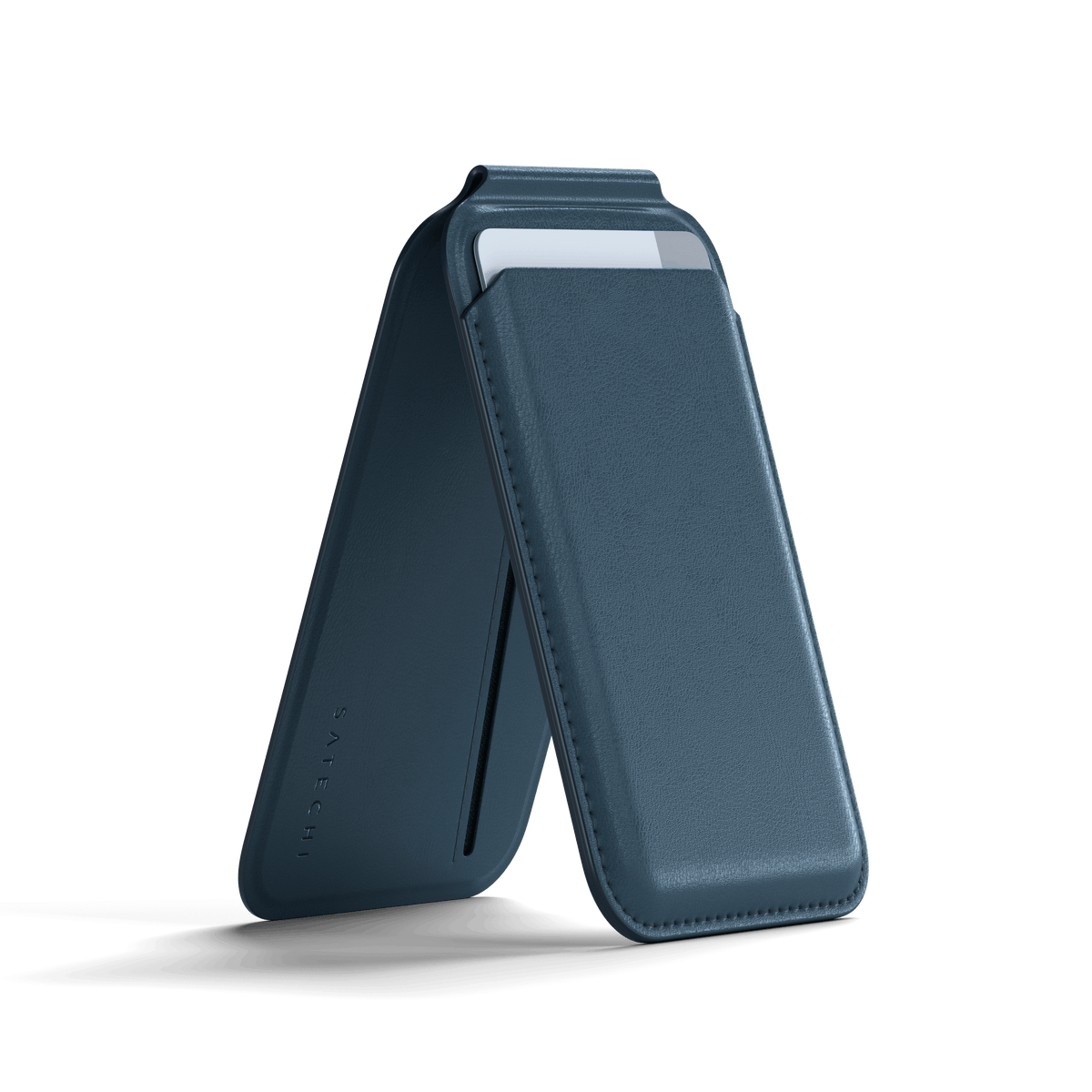 Satechi Vegan-Leather Magnetic Wallet Stand in Dark Blue, kickstand open