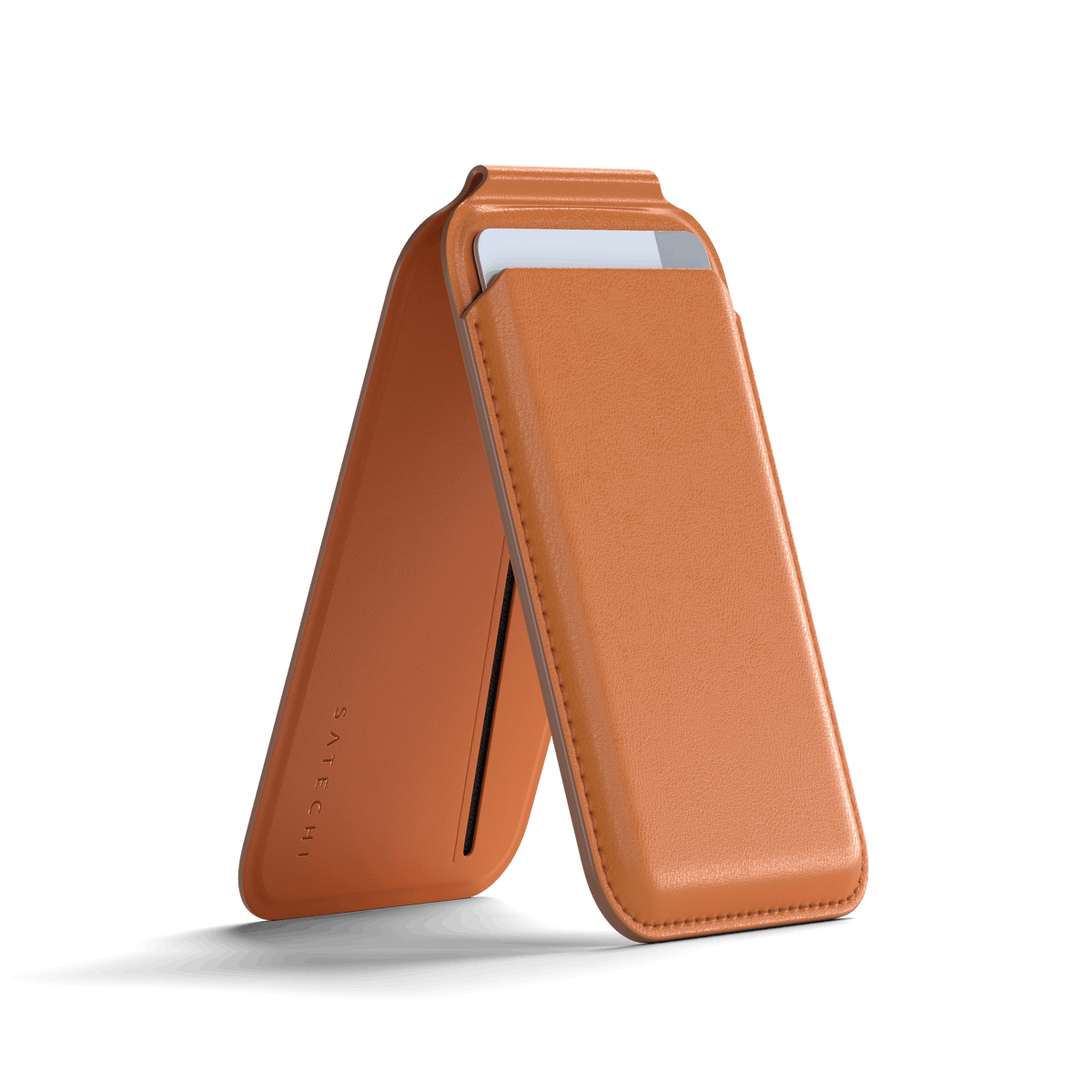 Satechi Vegan-Leather Magnetic Wallet Stand in Orange, kickstand open